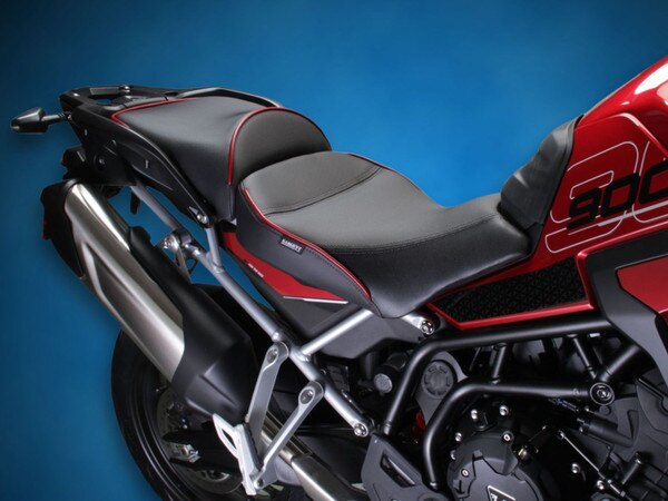 Sargent's Performance Plus World Sport Aftermarket Motorcycle Seats for the Triumph Tiger 900 GT 2024+ shown with Carnival Red accents - gorgeous!